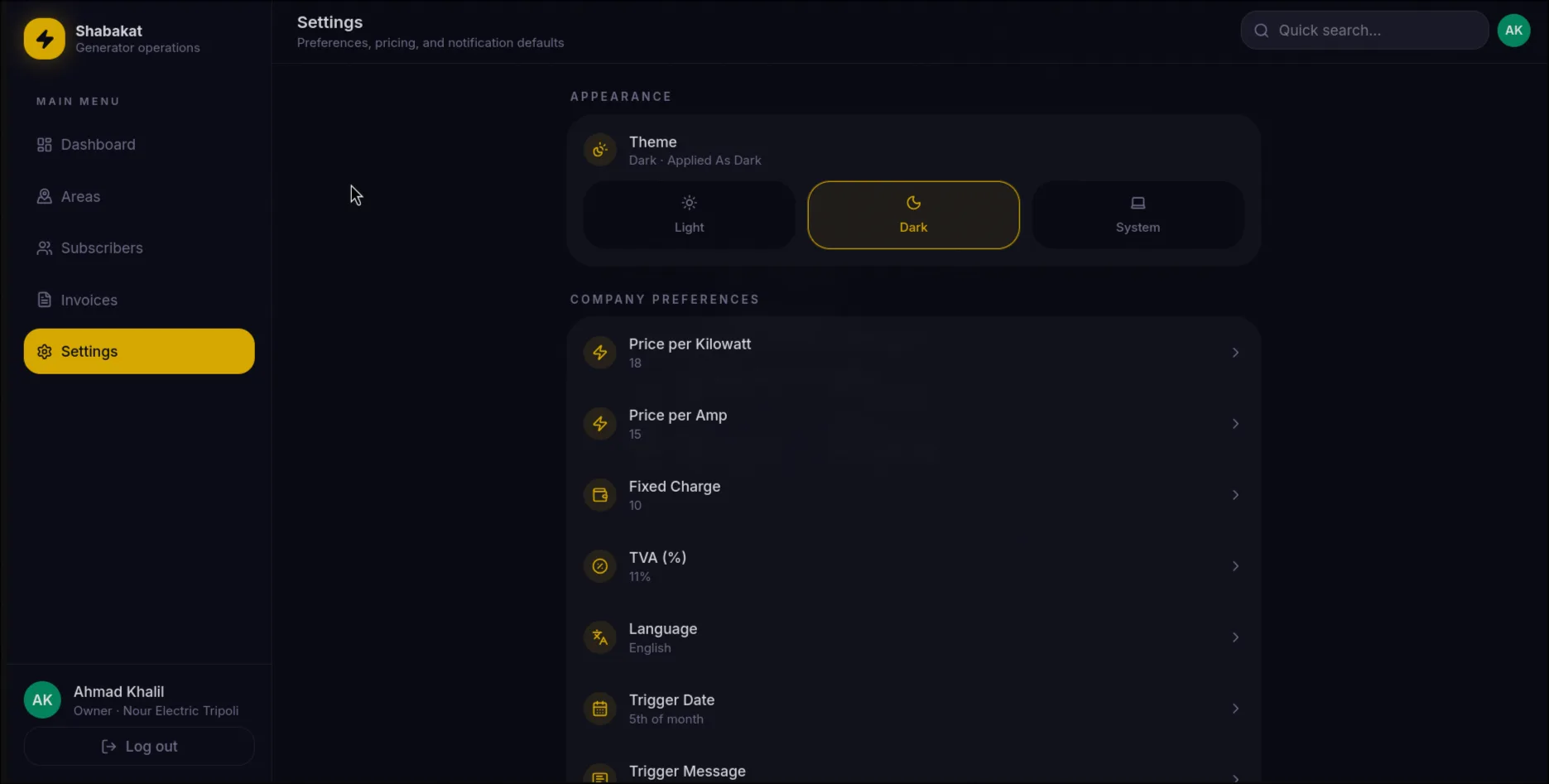 Settings & Pricing